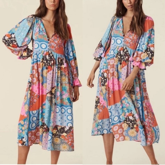 NWT SPELL Cha Cha Boho Patchwork Print Peasant Midi Dress in Multi Sz Small - Picture 4 of 16